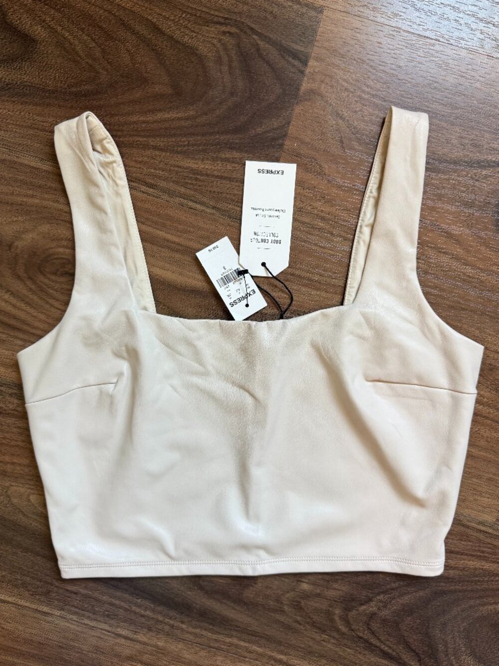 EXPRESS Body Contour Faux Leather Crop Top, Cream - Small